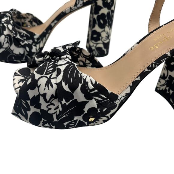 Kate Spade Lucie Tropical Foliage Silk Platform Heels Sandals Black White 9 - Picture 6 of 11